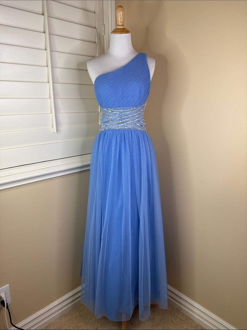 One-Shoulder Blue Beaded Evening Gown